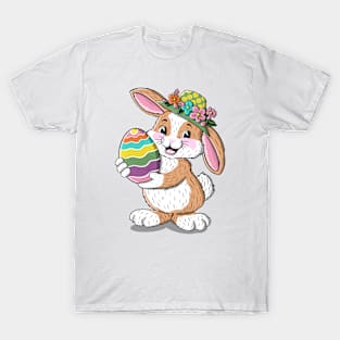 Cute bunny illustration in floral hat and big colorful egg T-Shirt